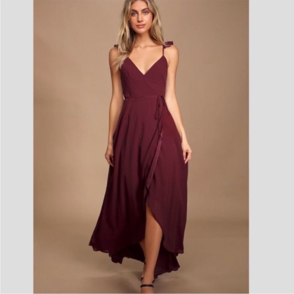 Lulus Here's to Us Burgundy‎ High-Low Wrap Dress Siz S Bridesmaid Wedding Formal